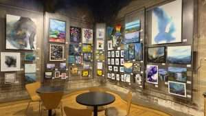 a photo of Art Gallery at Theatre in the Round in Minneapolis featuring colorful alcohol ink art by Katie Hieggelke